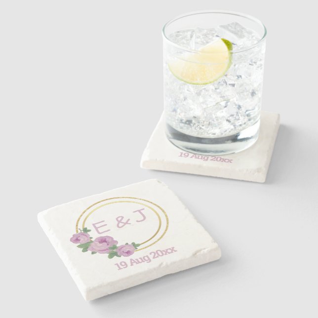 Lila Rose Hochzeit Steinuntersetzer (Seitenansicht)