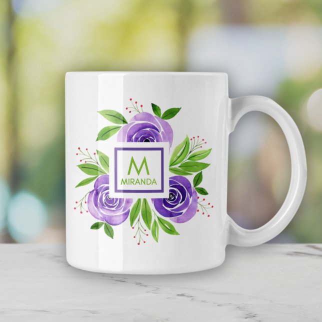 Lila Rose mit Aquarellfarbe Personalisiert Monogra Kaffeetasse (Von Creator hochgeladen)
