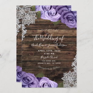 Lila Rose mit Blumen, Rustikal-Holz und Spitzen-Ho Einladung