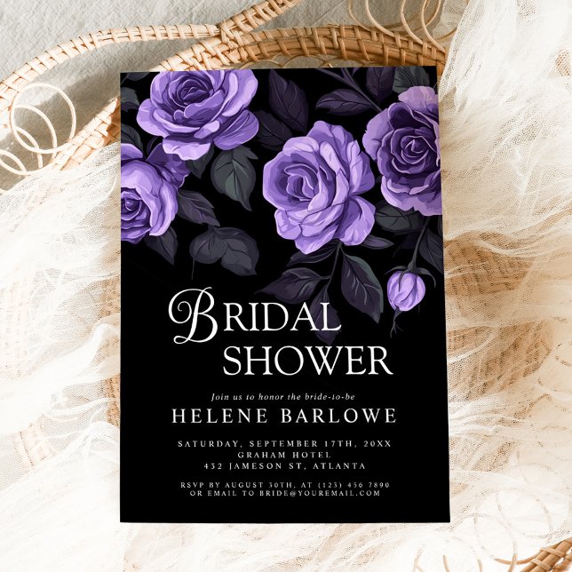 Lila Rose Moody Dark Gothic Brautparty Einladung (Purple Roses Moody Dark Gothic Bridal Shower Invitation)