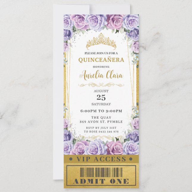 Lila Rose Quinceañera Sweet 16 VIP Ticket Einladung (Vorderseite)