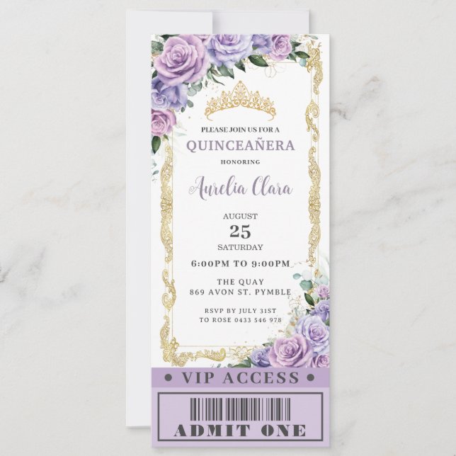 Lila Rose Quinceañera Sweet 16 VIP Ticket Einladung (Vorderseite)