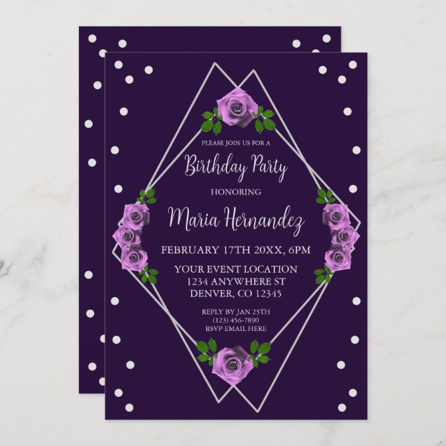Lila Rose Silver Geometric Geburtstag Einladung (Vorne/Hinten)