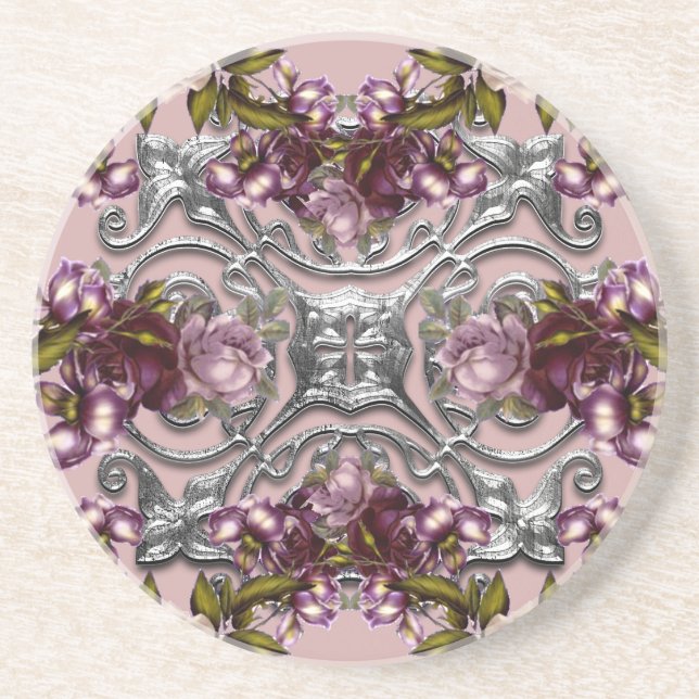 Lila Rose Silver Medallion Vintag Sandstone Getränkeuntersetzer (Vorne)