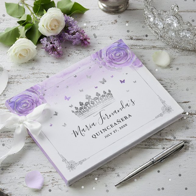 Lila Rose und elegante Silberkrone Gästebuch (Create a keepsake with an elegant light purple and silver guest book for your fairy tale event!)