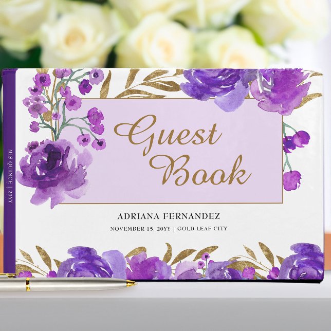 Lila Rose und Gold Leaf-Feier Gästebuch (Purple floral guest book from my Rose and Gold Leaf quinceanera collection)
