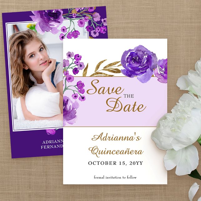 Lila Rose und Gold Leaf Quinceanera Foto Save The Date (Purple floral save the date from my Rose and Gold Leaf quinceanera collection)