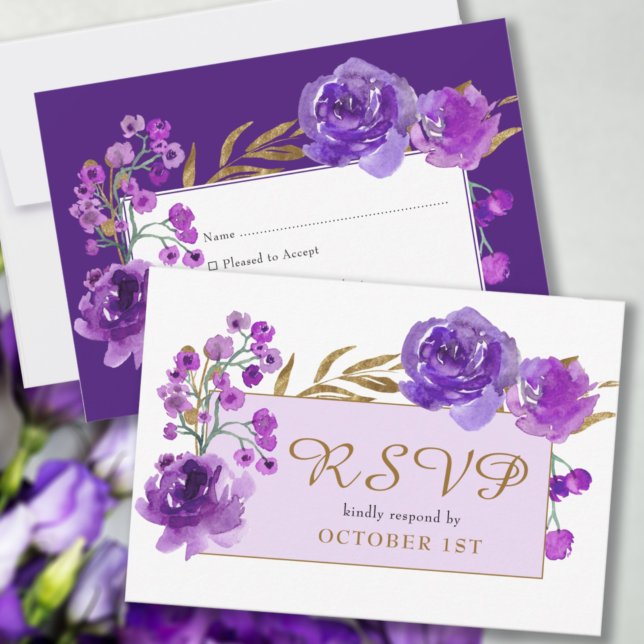 Lila Rose und Gold Leaf Quinceanera RSVP Karte (Von Creator hochgeladen)