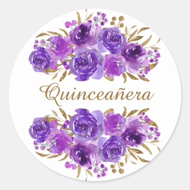 Lila Rose und Gold Leaf Quinceanera Runder Aufkleber (Vorderseite)