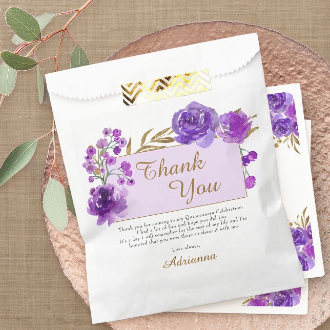 Lila Rose und Gold Leaf Vielen Dank Party Geschenktütchen (Purple floral favor bags from my Rose and Gold Leaf quinceanera collection)