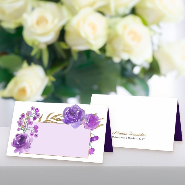 Lila Rose und Goldleaf-Namensplatte Platzkarte (Purple floral place cards from my Rose and Gold Leaf quinceanera collection)