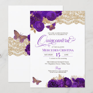Lila Rose und Schmetterling Quinceañera Invita Einladung
