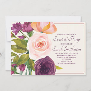 Lila Rosé Wasserfarben-Blumen Cream Sweet 16