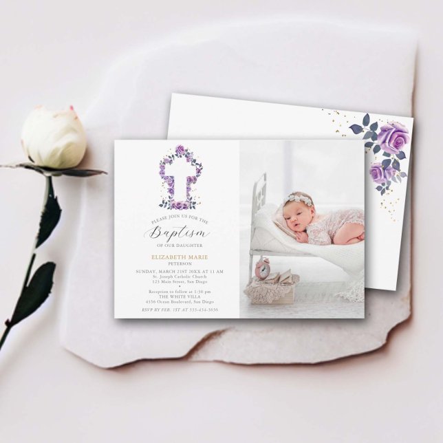 Lila Rose White Cross Kleinkind Foto Taufe Einladung (purple roses white cross floral frame baby girl baptism christening invitation elegant modern classy)