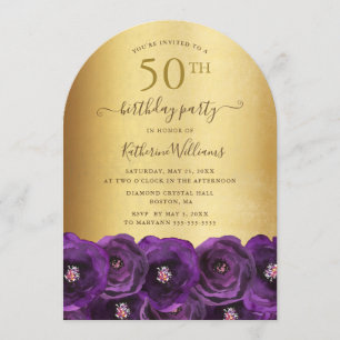 Lila Rosen Floral Gold 50. Geburtstagsfeier Einladung