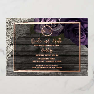 Lila Rosen Graues Holz & Spitze Rustikale Hochzeit Folieneinladung