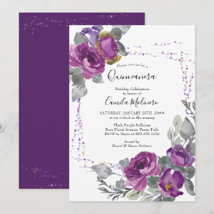 Lila Rosen-Konfetti-Rahmen Florale Quinceanera Einladung
