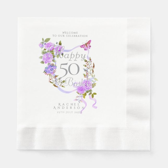 Lila Rosenband 50. Geburtstag Serviette (Vorderseite)