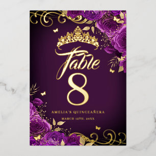 Lila Rosenwirbel Quinceanera Gold Tischzahl  Folieneinladung
