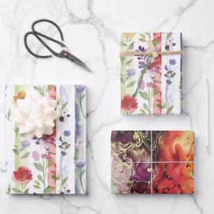 Lila Rot Orange Blumen Streifen Brautparty Geschenkpapier Set