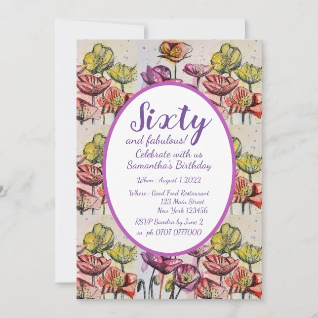 Lila Rote Mohnblume 60. Geburtstagsfeier Einladung (Vorderseite)