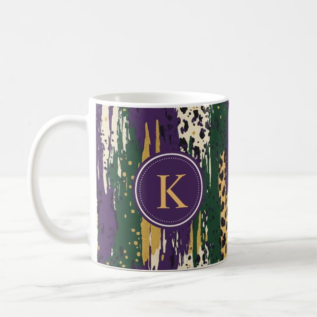 Lila rote Pinselstriche Muster Monogram Kaffeetasse (Links)