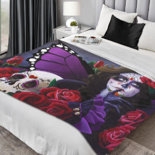 Lila Rote Rosen Zucker Schädel Fee Tag Tote Fleecedecke