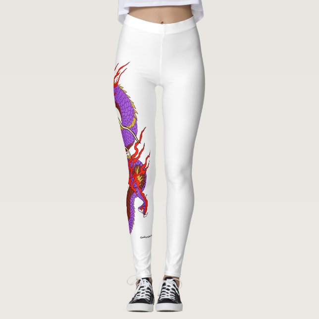Lila Roter Drache auf weißen Leggings (Vorderseite)