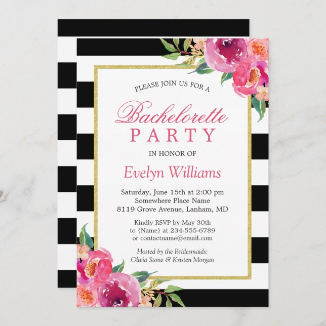 Lila Roter Rosa Fuchsia Floral Junggeselinnen-Absc Einladung (Vorne/Hinten)