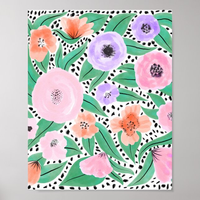 Lila Rotfloralpolka Dots Wasserfarbmuster Poster (Vorne)