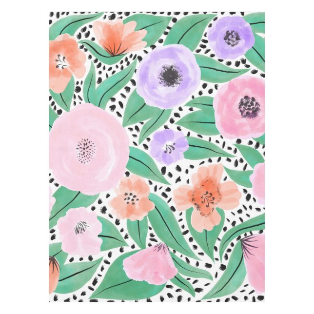 Lila Rotfloralpolka Dots Wasserfarbmuster Tischdecke (Vorderseite)
