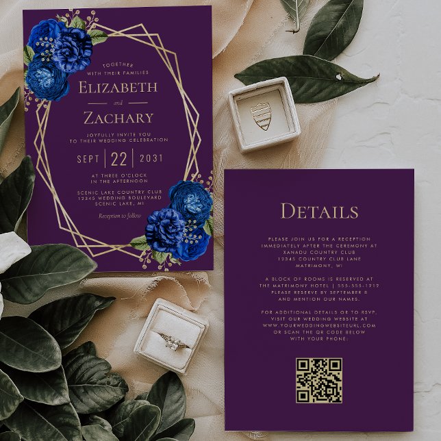 Lila Royal Blue Floral Gold Geo QR Code Hochzeit Einladung (Von Creator hochgeladen)