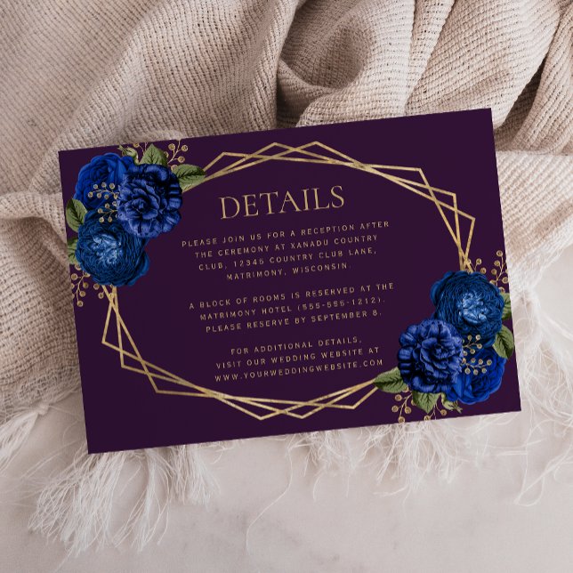 Lila Royal Blue Floral Gold Geo Wedding Details RSVP Karte (Von Creator hochgeladen)