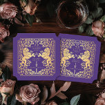Lila Royal Lion Mittelalterliches Hochzeitsticket Untersetzer<br><div class="desc">Fügen Sie Ihrem Tischfußball königlichen Charme hinzu! Diese individuellen Hochzeitsfeier-Untersetzer zeichnen sich durch ein majestätisches Löwen- und Blumendesign mit Ihren Namen und Monogramm aus, alles in edlem Gold vor einem lila Hintergrund. Ideal für eine mittelalterliche Fantasy-Feier mit zeitloser Eleganz! Das Gold in diesem Artikel ist NICHT reale Folie und wird...</div>