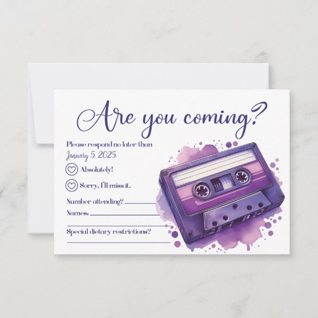 Lila RSVP-Karte für das Kassettenband RSVP Karte (Vorderseite)