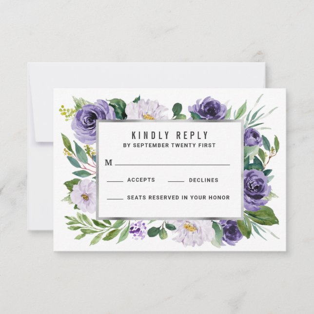 Lila RSVP-Karten für Hochzeiten von Flora und Faun RSVP Karte (Vorderseite)