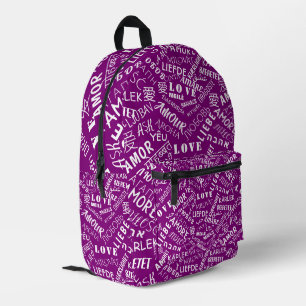 Lila Rucksack mit mehrsprachiger Liebe