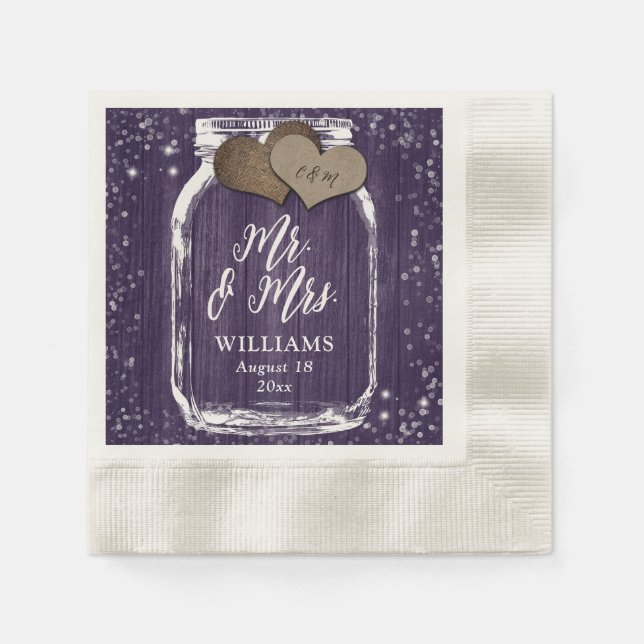 Lila Rustic Wood Mason Jar Mr & Mrs Wedding Serviette (Vorderseite)