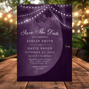 Lila rustikale Baumschnitzereien als String Lights Save The Date