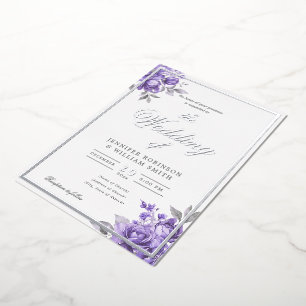Lila Rustikale Blumen Elegante Skript Hochzeit Folieneinladung