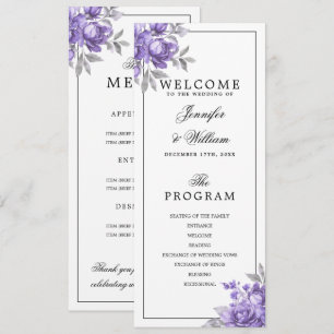 Lila rustikale Blumen-Hochzeitsprogramm-Speisekart Einladung