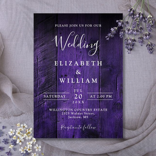 Lila Rustikale Boho Elegant Barn Wood Wedding Einladung (Purple Rustic Boho Elegant Barn Wood Wedding Invitation)