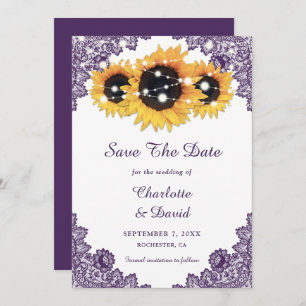 Lila Rustikale Chic Lace Sonnenblume Save The Date
