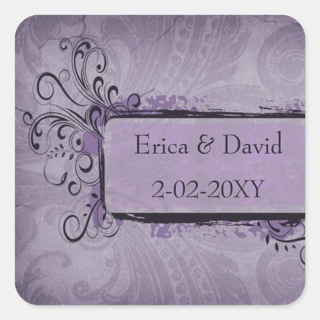 Lila Rustikale Hochzeit Quadratischer Aufkleber (Vorderseite)