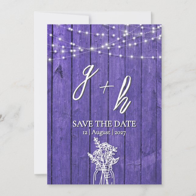 Lila rustikale Holz String Lights Boho Mason Jar Save The Date (Vorderseite)