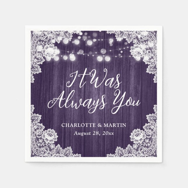 Lila Rustikale Holzblütenhochzeit Serviette (Vorderseite)