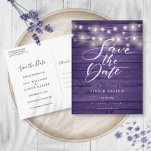 Lila rustikale Holzreihenleuchten Save the Date
