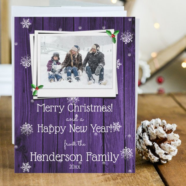 Lila Rustikale Holzwohnungskarte Feiertagskarte (Purple Rustic Wooden Photo Christmas Card)