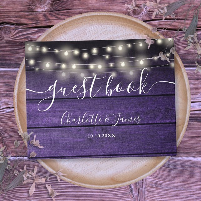 Lila rustikale Holzzeicheneiche Gästebuch (Purple Rustic Wood String Lights Script Wedding Guest Book)