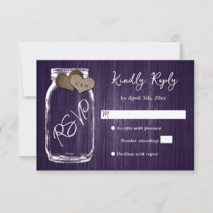 Lila rustikale Land Holz Herz Mason Jar Hochzeit RSVP Karte